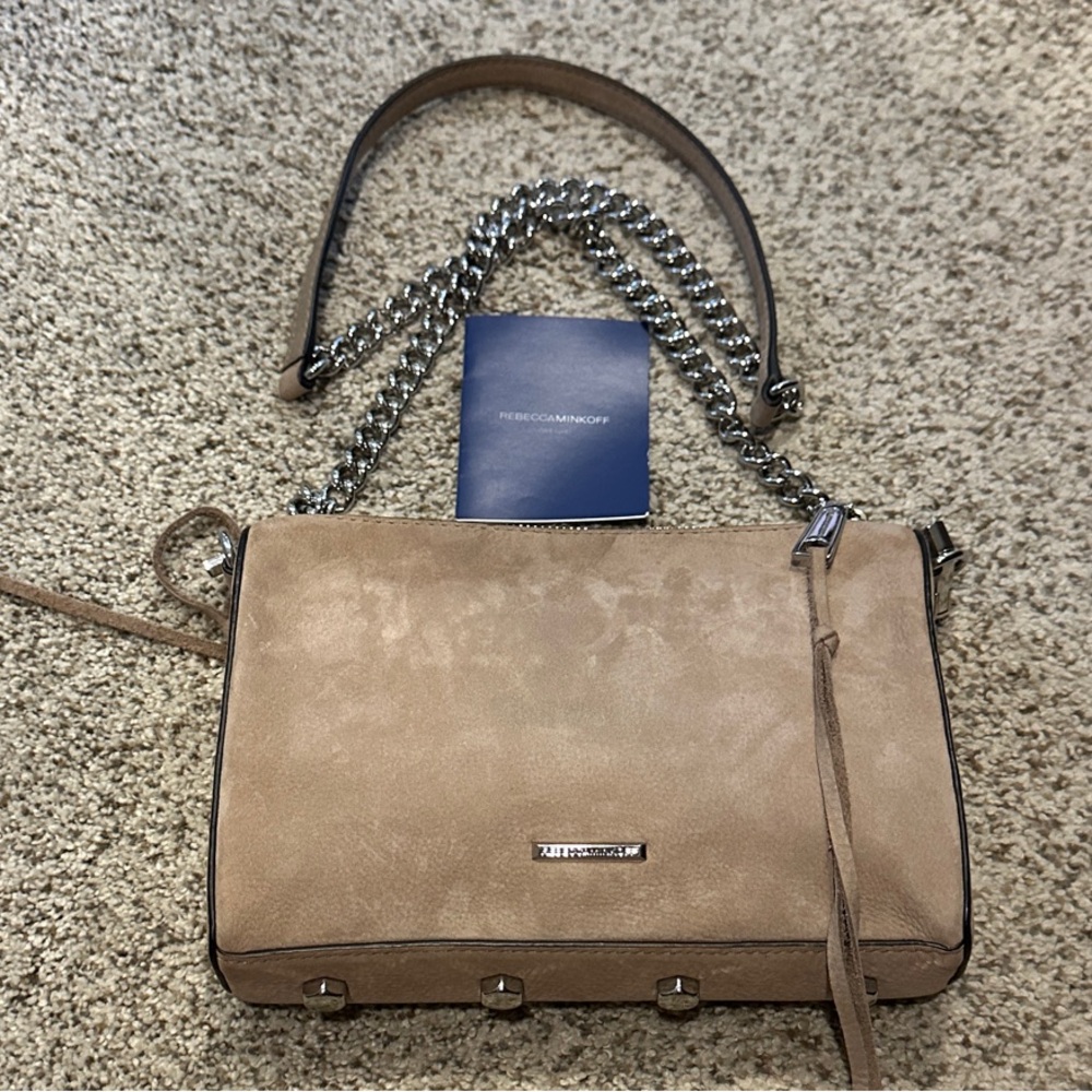 Rebecca Minkoff Taupe Suede Shoulder Bag with Silver Chain